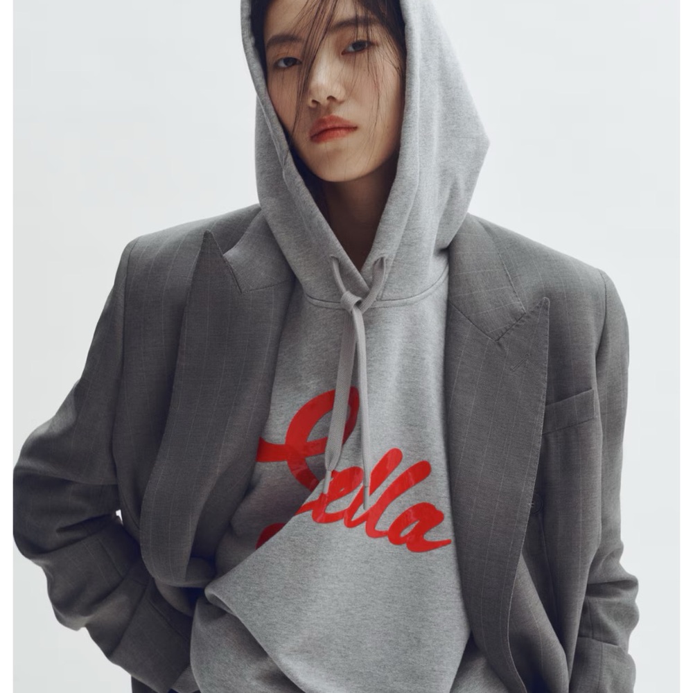 H&M x Stella McCartney Gray Oversized Hoodie with Red Script Logo